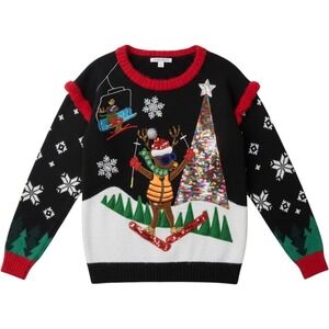 Celebrate Together Ugly Christmas Sweater Womens Medium Black Reindeer Skiing